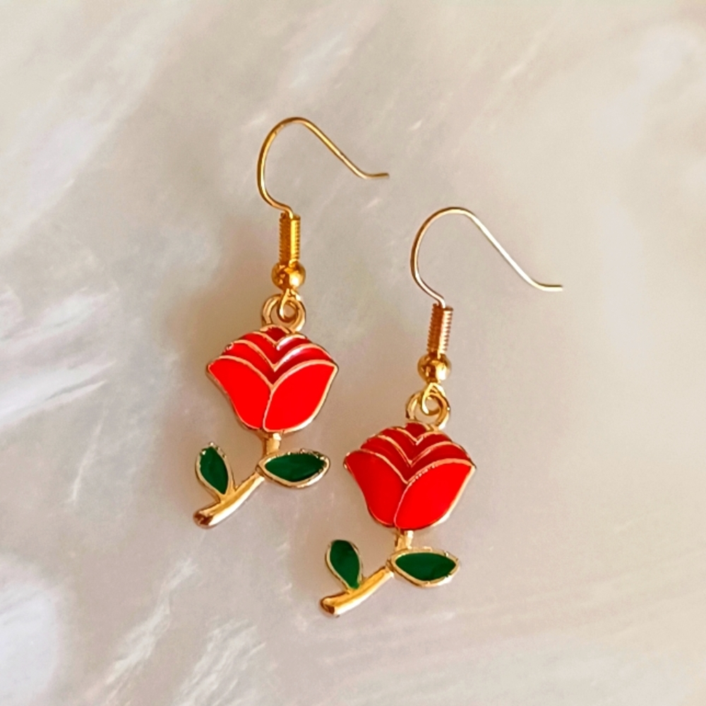 Beautiful Red Rose Oil Painted Handmade Earrings